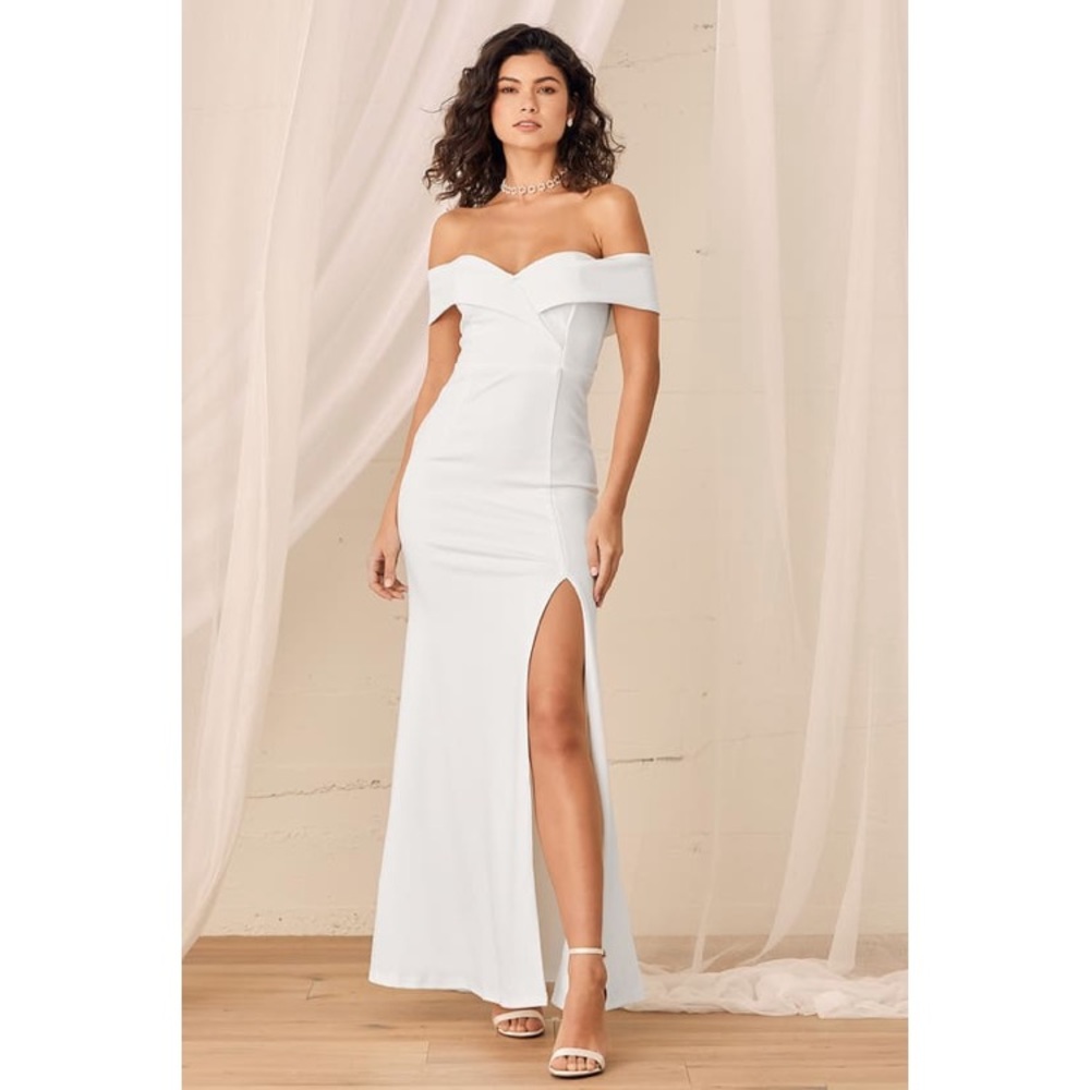 NWT Lulus “Song of Love” White Off-the-Shoulder Maxi Dress